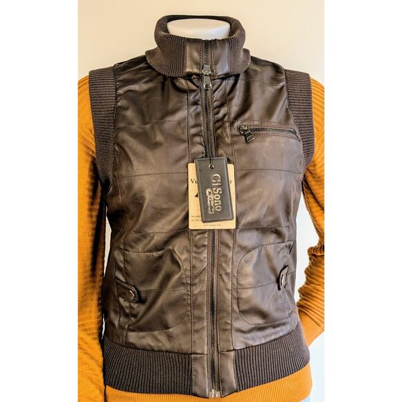 NEW Ci Sono by Cavalini Brown Vegan Faux Leather Cropped Vest Collar Size Small - Picture 4 of 12